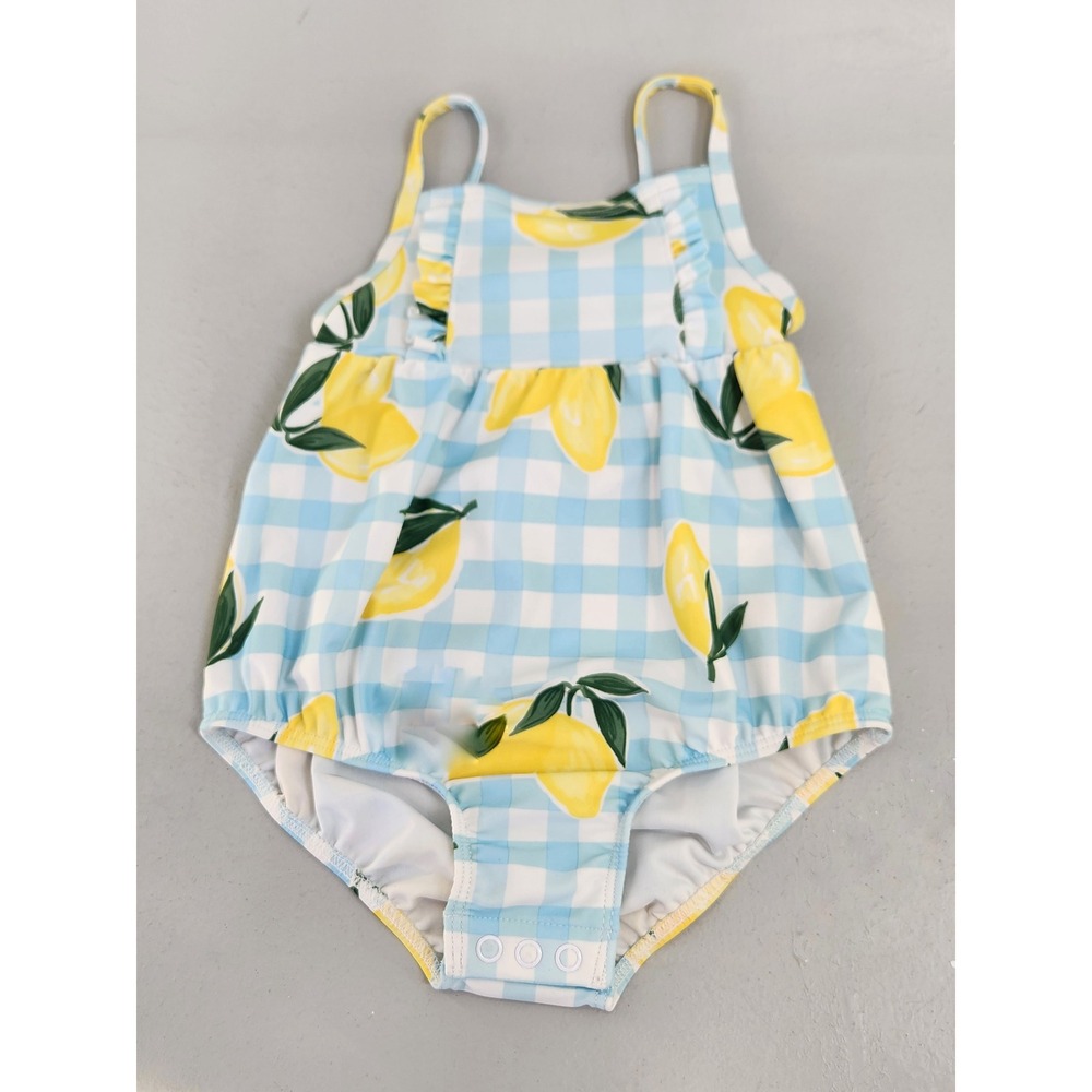 Carter's One Piece Swimsuit Baby 18M Blue Gingham Lemon Fruit Print Snap Bottom